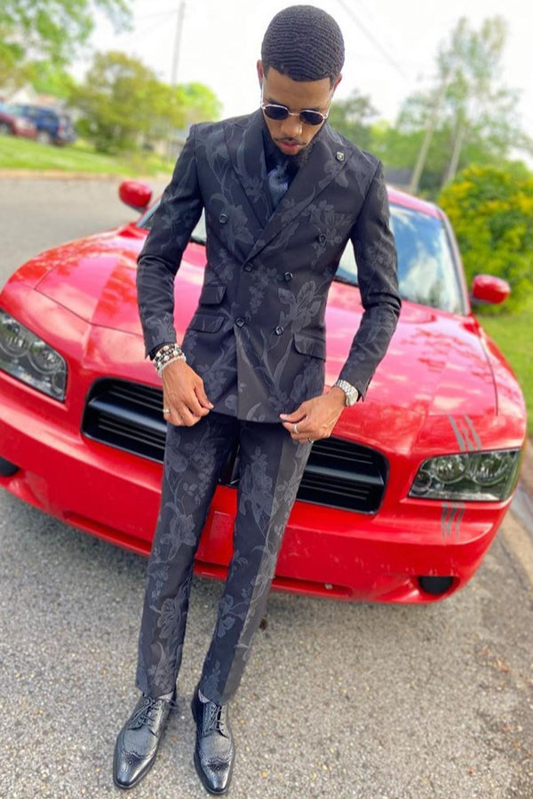 Black Jacquard Peaked Lapel Double-Breasted Prom Suit