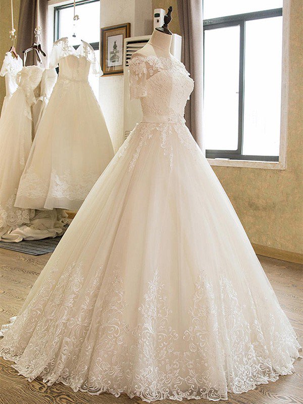 Floor Length Applique Ball Gown Off the Shoulder Lace Tulle 1/2 Sleeves Wedding Dresses-showprettydress