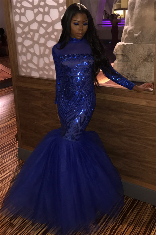 Floor Length Long Sleevess Sequins Tulle Mermaid Evening Dresses-showprettydress