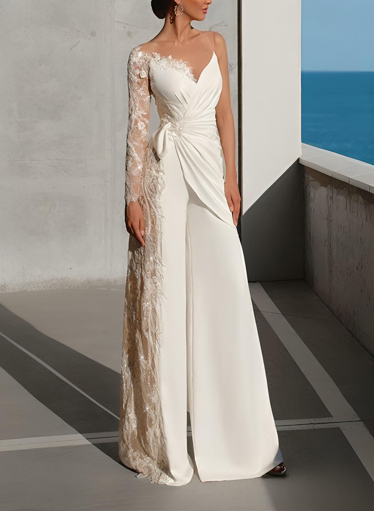 Floor-Length Wedding Jumpsuit Appliques Lace Long Sleeves-Showprettydress