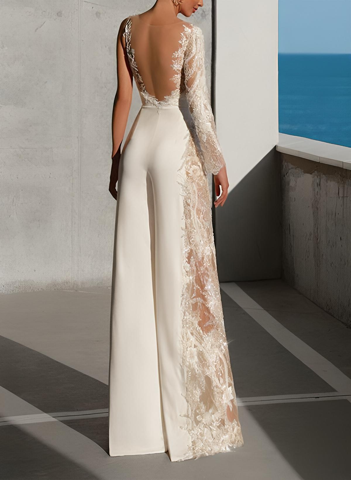 Floor-Length Wedding Jumpsuit Appliques Lace Long Sleeves-Showprettydress