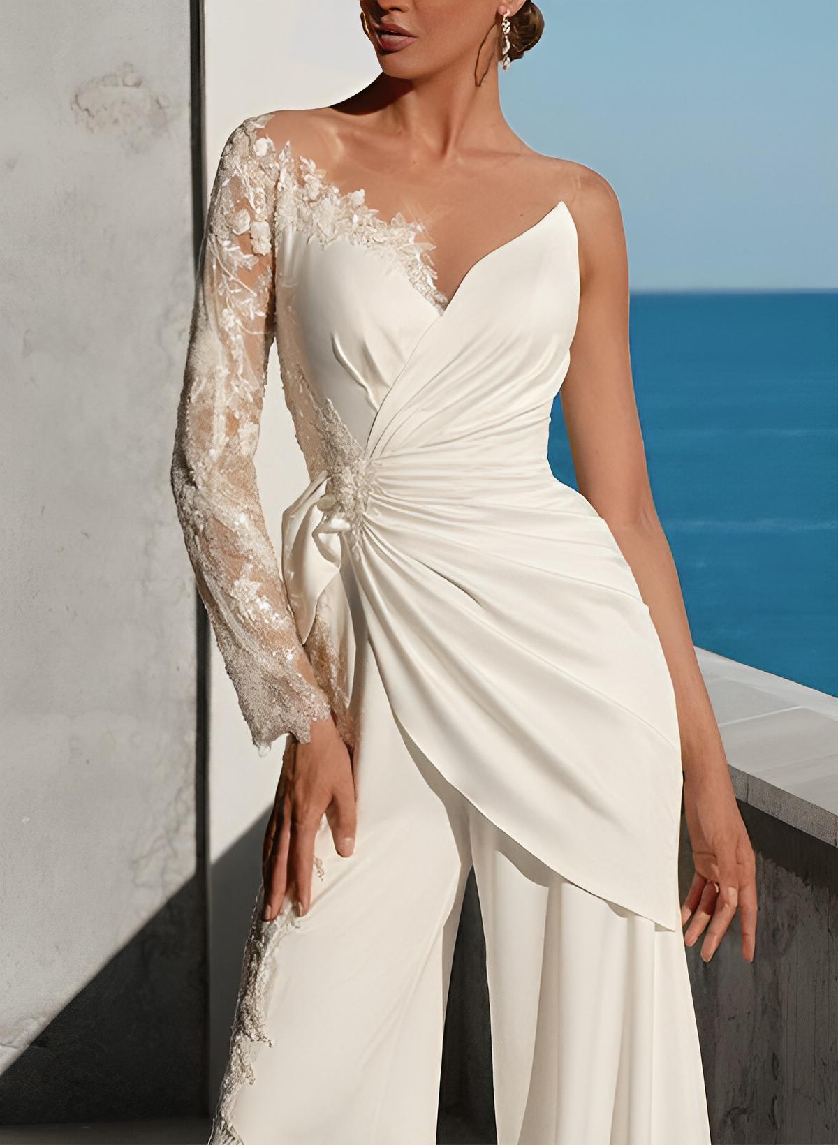 Floor-Length Wedding Jumpsuit Appliques Lace Long Sleeves-Showprettydress