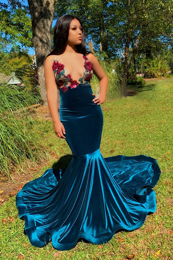 Floral Appliques Deep V-neck Sleeveless Sweep Train Mermaid Prom Dresses-showprettydress