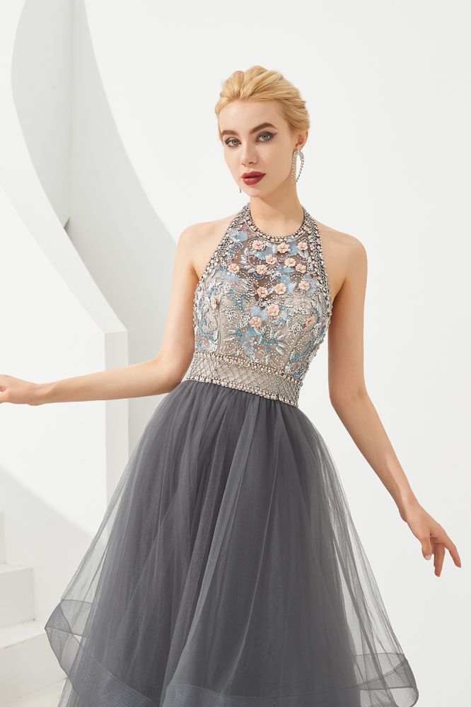 Floral Halter Evening Dress with Sparkle Beads Trendy Gray Mother of the bride Dress with watermelon and blue decorations-showprettydress