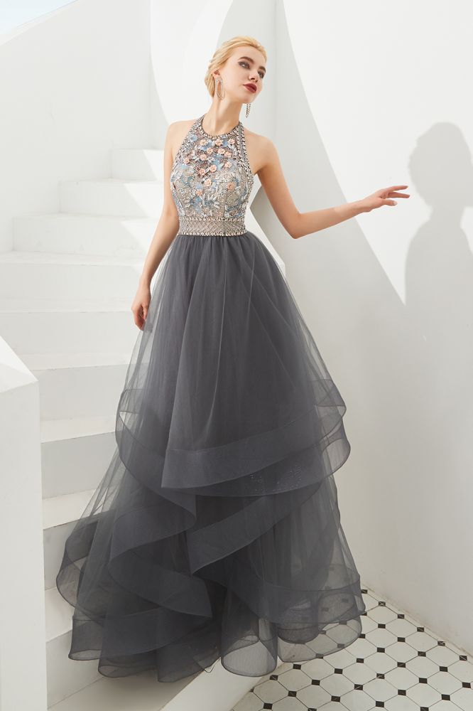 Floral Halter Evening Dress with Sparkle Beads Trendy Gray Mother of the bride Dress with watermelon and blue decorations-showprettydress