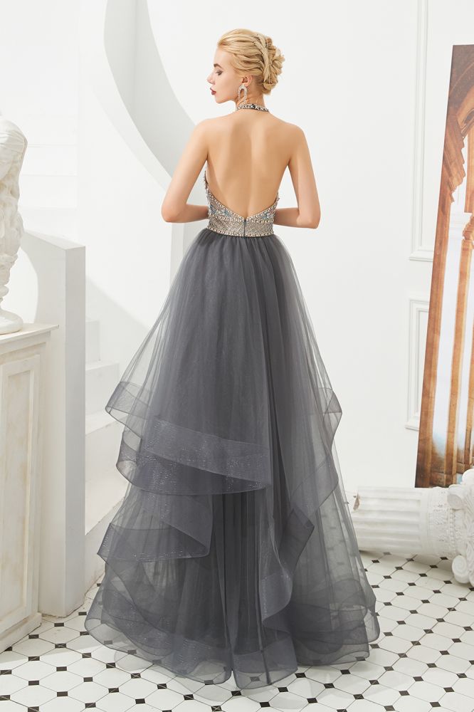 Floral Halter Evening Dress with Sparkle Beads Trendy Gray Mother of the bride Dress with watermelon and blue decorations-showprettydress