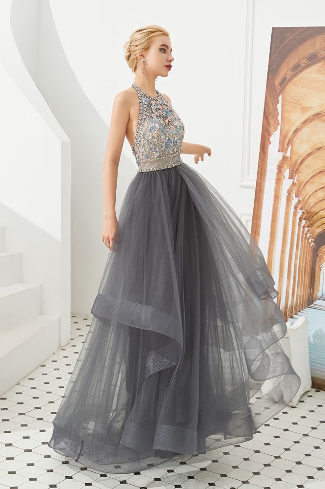 Floral Halter Evening Dress with Sparkle Beads Trendy Gray Mother of the bride Dress with watermelon and blue decorations-showprettydress