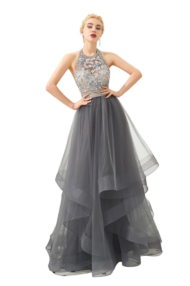 Floral Halter Evening Dress with Sparkle Beads Trendy Gray Mother of the bride Dress with watermelon and blue decorations-showprettydress