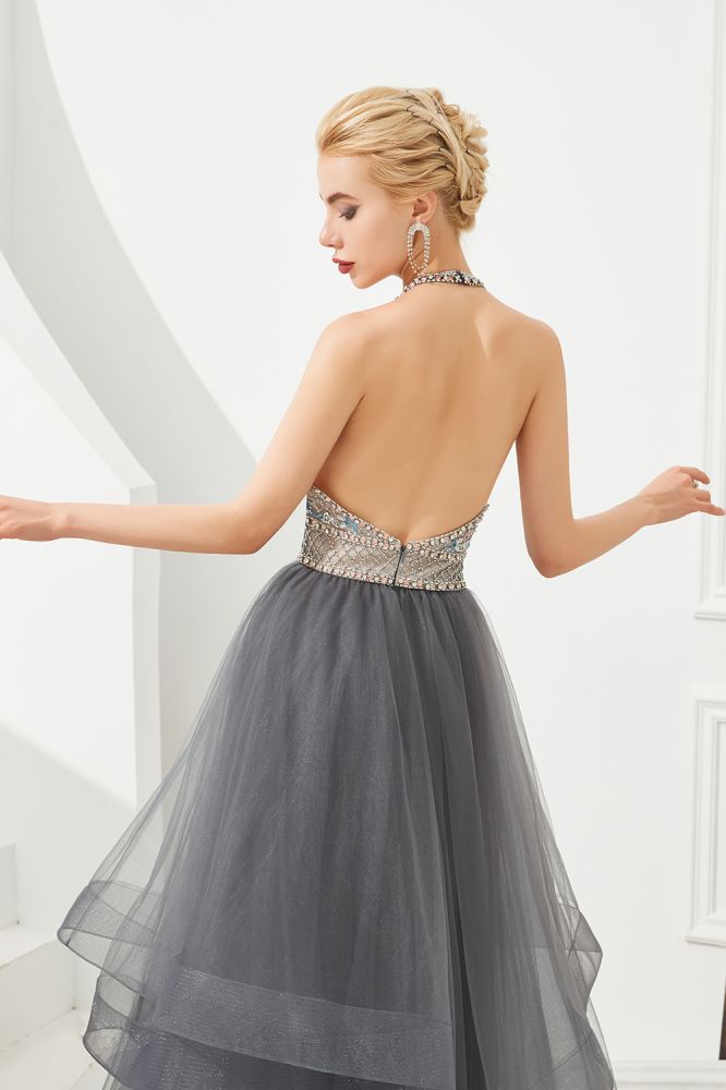 Floral Halter Evening Dress with Sparkle Beads Trendy Gray Mother of the bride Dress with watermelon and blue decorations-showprettydress