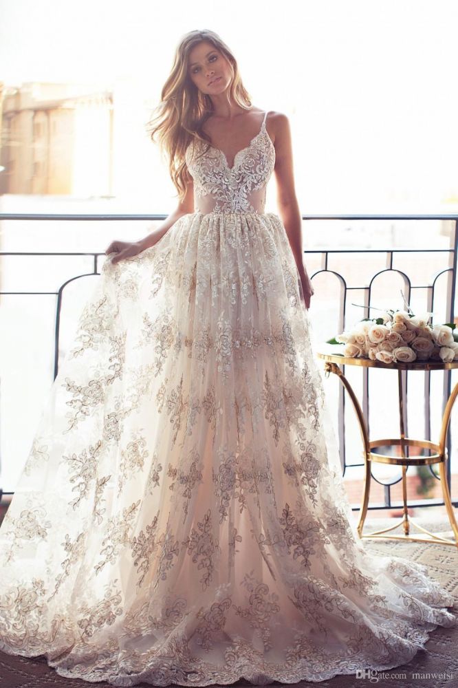 Full Lace Open Back Wedding Dresses Modern Spaghetti Straps Summer Bridal Gowns-showprettydress
