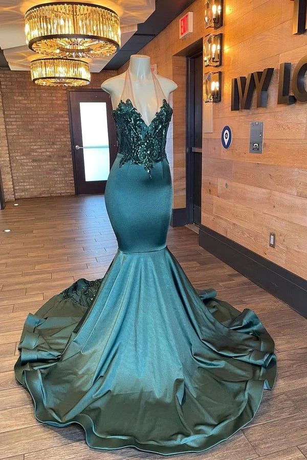 Glamorou Long Mermaid Halter V-neck Backless Prom Dress With Beading-showprettydress