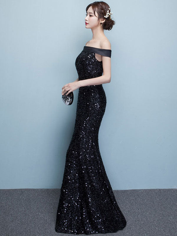 Glamorous Black Evening Dress Lace Sequin Bateau Mermaid Formal Dress Off The Shoulder Floor Length Occasion Dress wedding guest dress-showprettydress