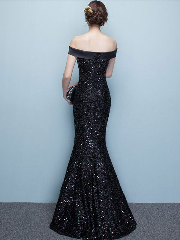 Glamorous Black Evening Dress Lace Sequin Bateau Mermaid Formal Dress Off The Shoulder Floor Length Occasion Dress wedding guest dress-showprettydress