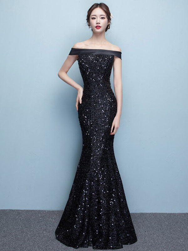 Glamorous Black Evening Dress Lace Sequin Bateau Mermaid Formal Dress Off The Shoulder Floor Length Occasion Dress wedding guest dress-showprettydress