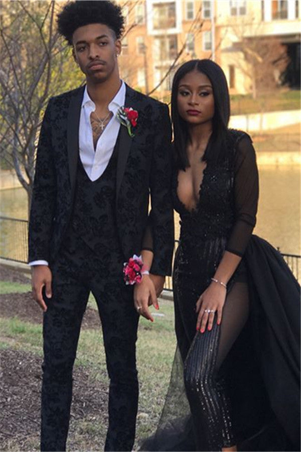 black dress black suit Glamorous Black Jacquard Three-Piece Slim Fit Men's Prom Suits