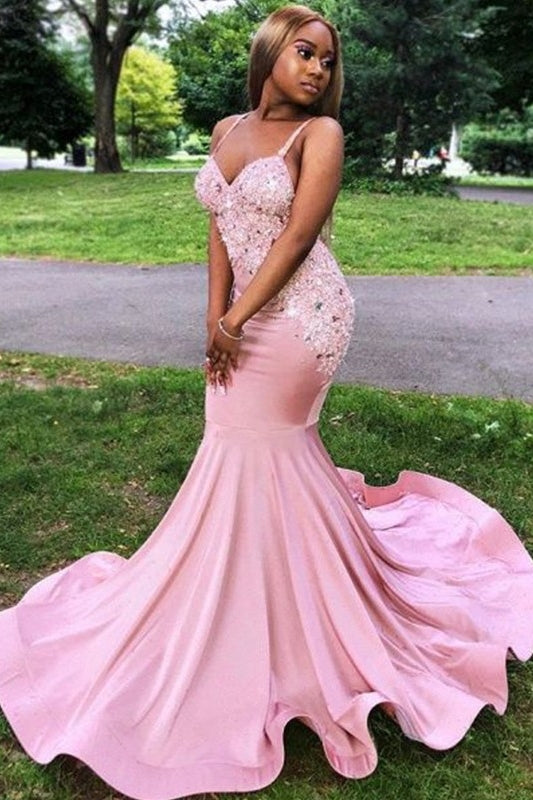 Glamorous Blushing Pink Straps Appliques Sequins Mermaid Prom Dresses-showprettydress