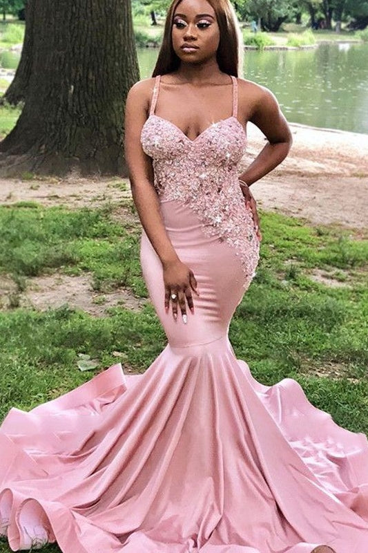 Glamorous Blushing Pink Straps Appliques Sequins Mermaid Prom Dresses-showprettydress