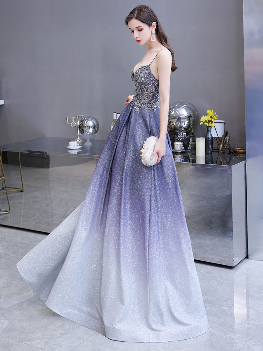 Glamorous evening dress A Line Sweetheart Neck Straps Sleeveless Metallic Gradient Color Floor Length Formal Party Dresses-showprettydress