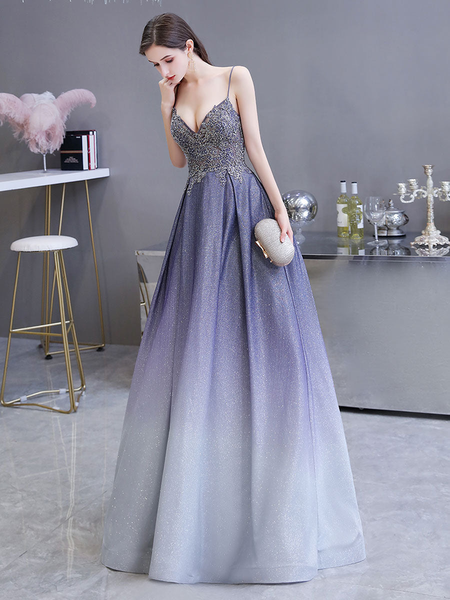 Glamorous evening dress A Line Sweetheart Neck Straps Sleeveless Metallic Gradient Color Floor Length Formal Party Dresses-showprettydress