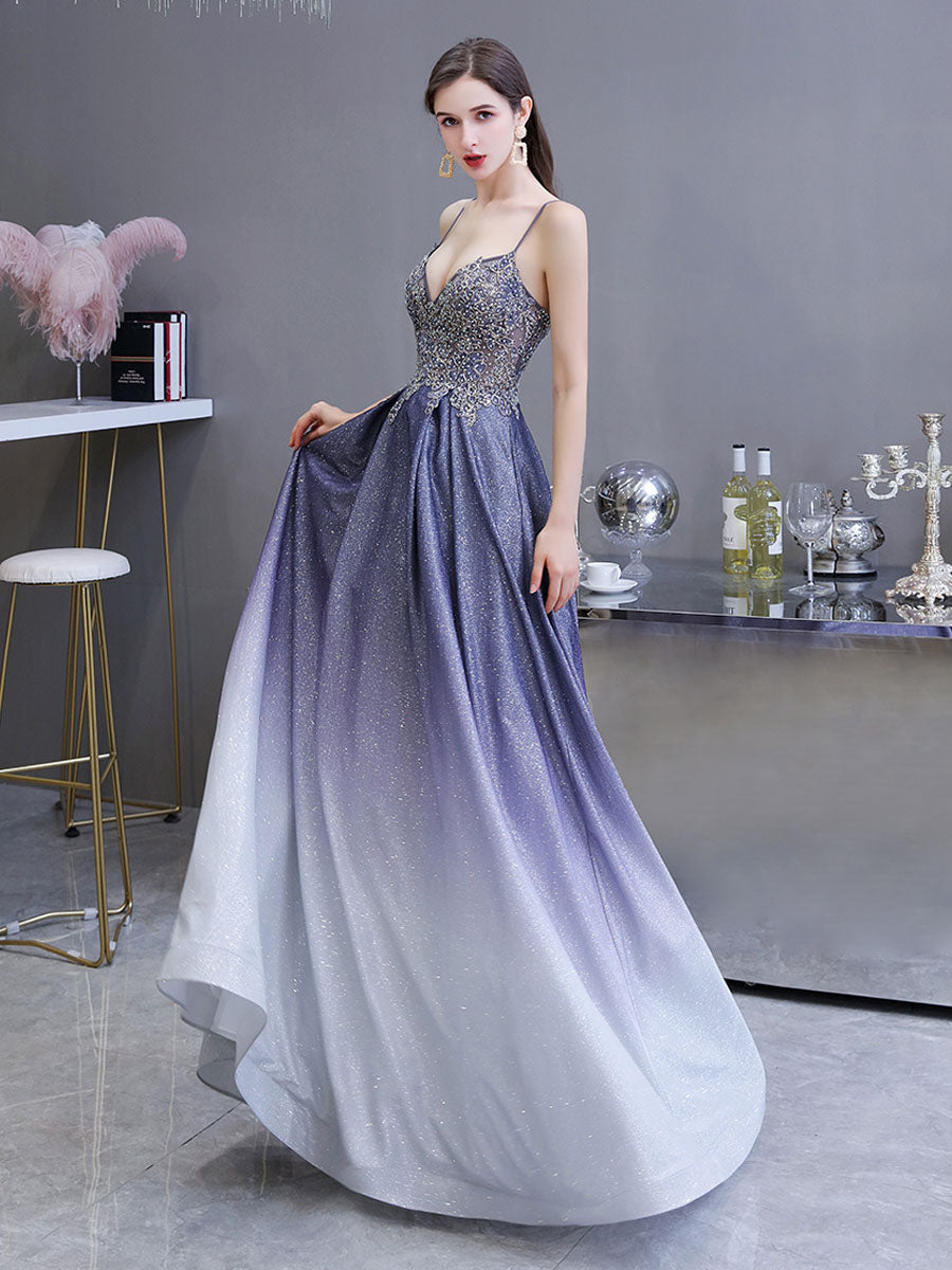 Glamorous evening dress A Line Sweetheart Neck Straps Sleeveless Metallic Gradient Color Floor Length Formal Party Dresses-showprettydress