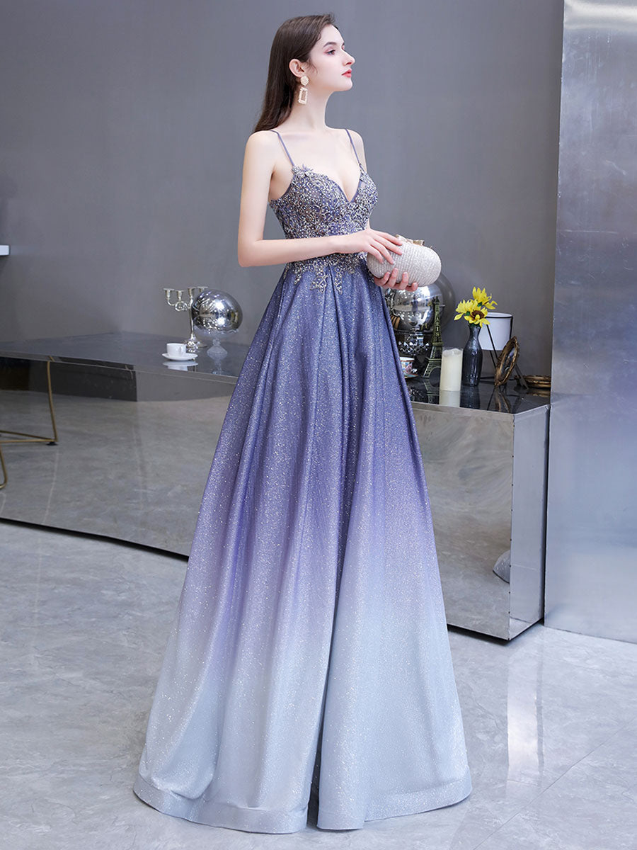 Glamorous evening dress A Line Sweetheart Neck Straps Sleeveless Metallic Gradient Color Floor Length Formal Party Dresses-showprettydress