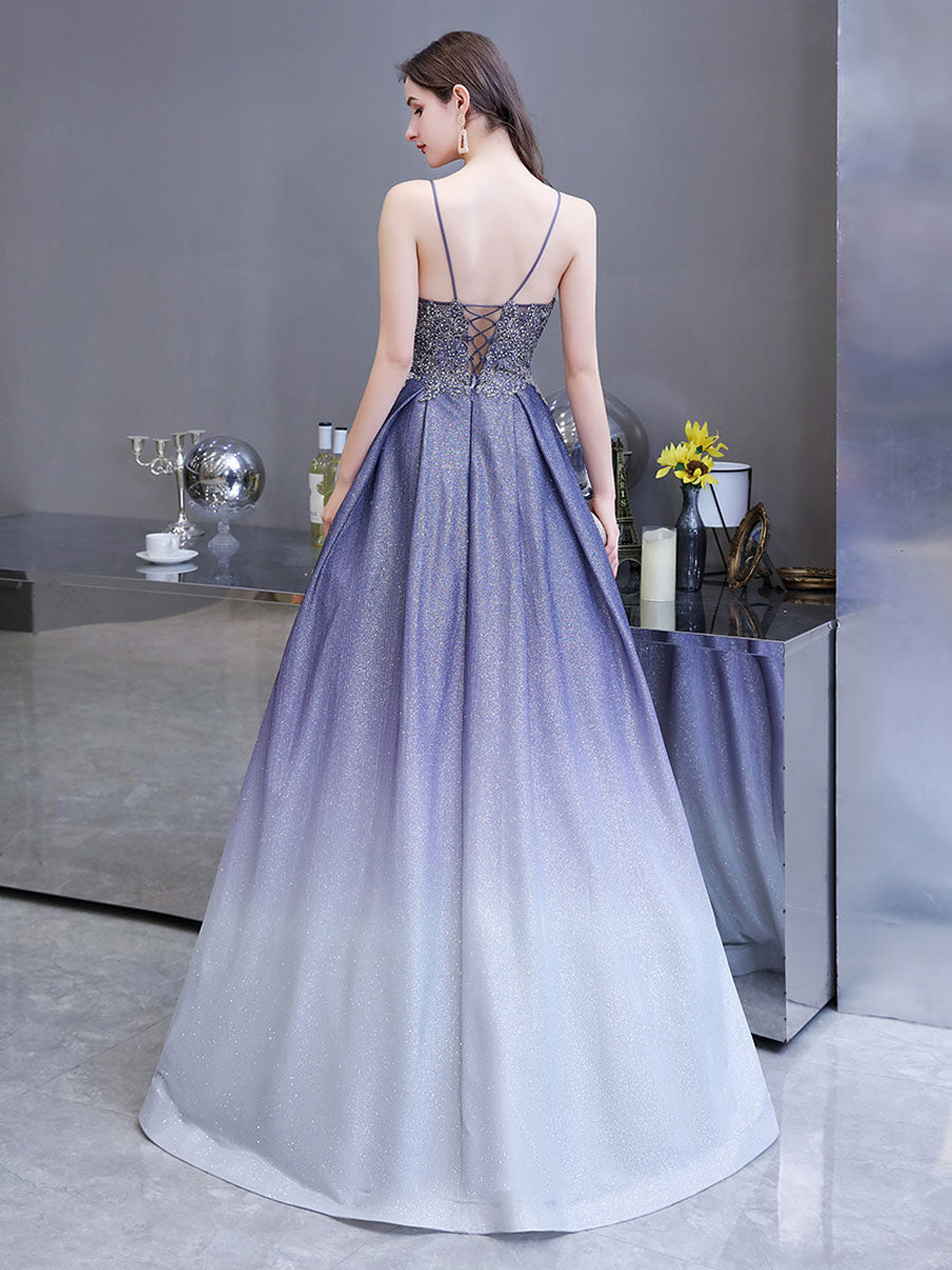 Glamorous evening dress A Line Sweetheart Neck Straps Sleeveless Metallic Gradient Color Floor Length Formal Party Dresses-showprettydress