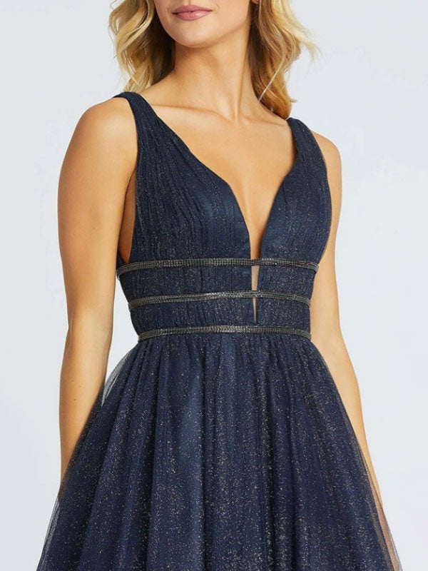Glamorous Evening Dress Princess Silhouette V-Neck Sleeveless Backless Sequins Tulle Social Party Dresses-showprettydress