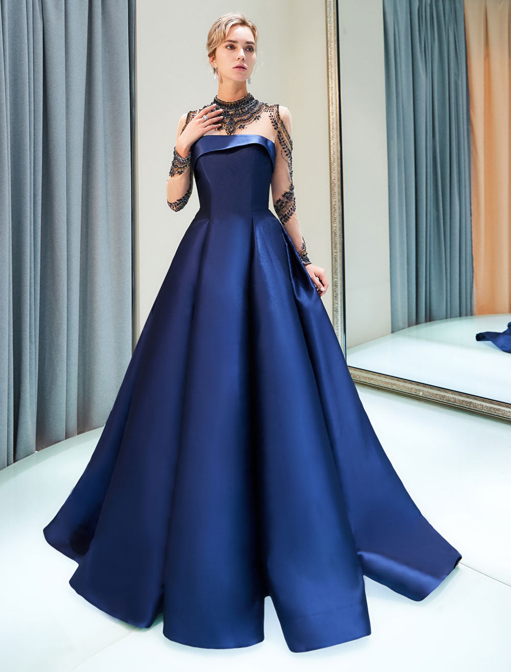 Glamorous Evening Dresses Luxury Dark Navy Satin A Line Long Sleeve Lace Illusion High Collar Quinceanera Dress-showprettydress