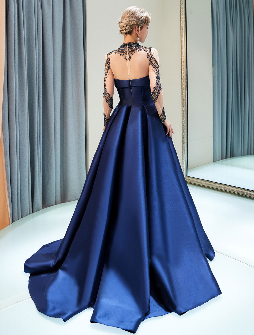 Glamorous Evening Dresses Luxury Dark Navy Satin A Line Long Sleeve Lace Illusion High Collar Quinceanera Dress-showprettydress