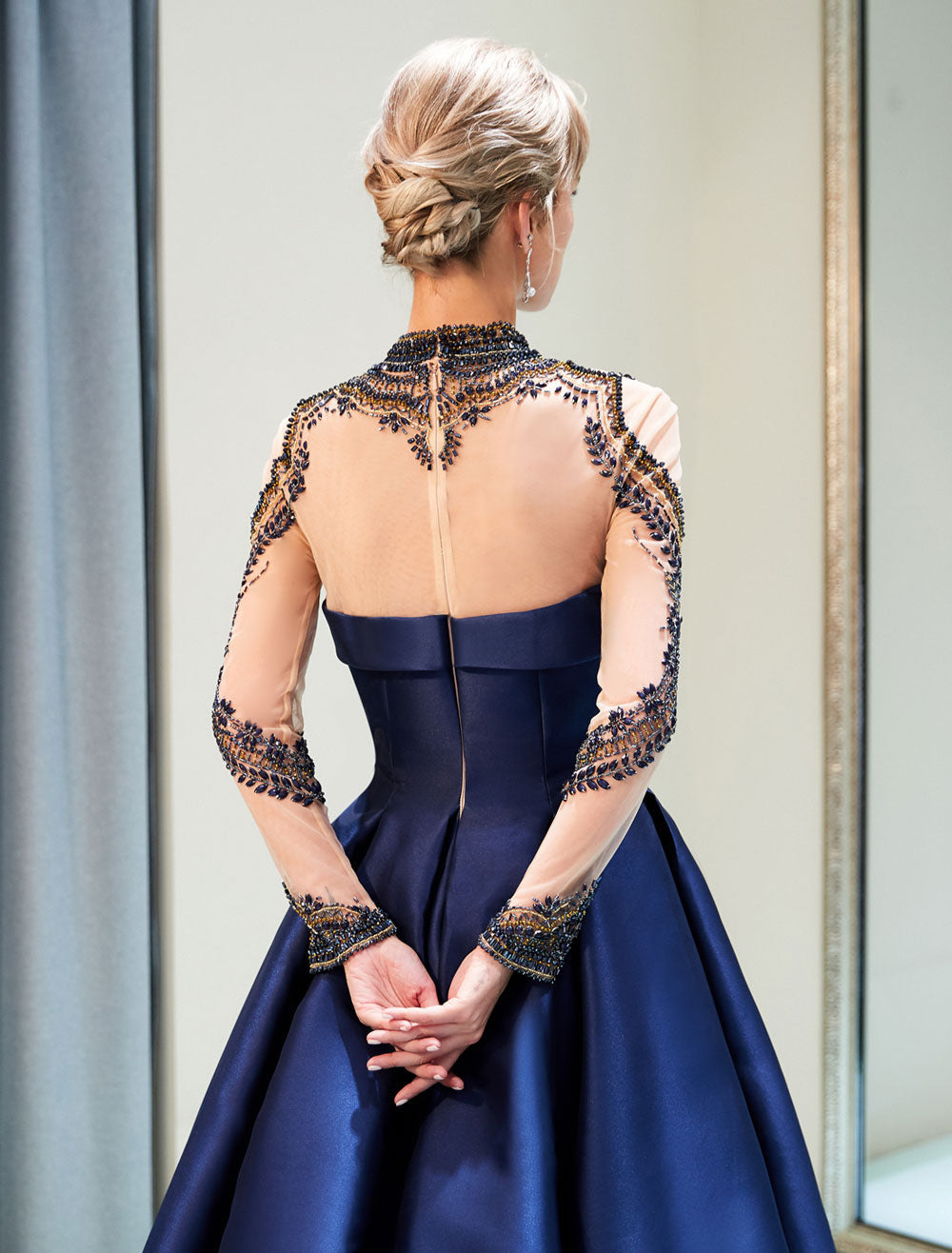 Glamorous Evening Dresses Luxury Dark Navy Satin A Line Long Sleeve Lace Illusion High Collar Quinceanera Dress-showprettydress