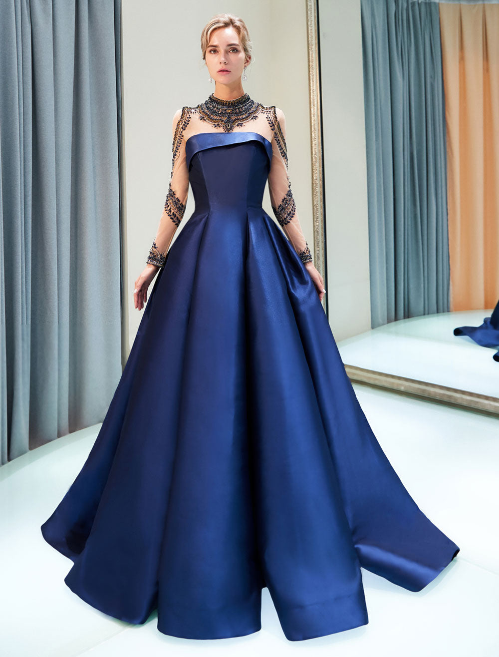 Glamorous Evening Dresses Luxury Dark Navy Satin A Line Long Sleeve Lace Illusion High Collar Quinceanera Dress-showprettydress