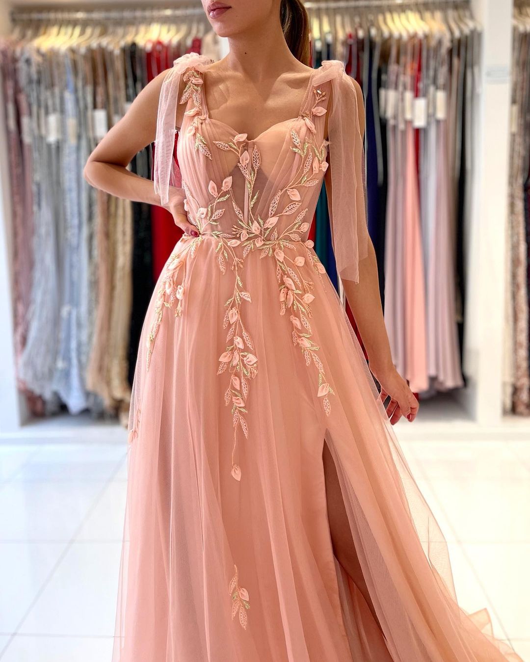 Glamorous Long A-line Sweetheart Straps Tulle Backless Evening Prom Dress With Split-showprettydress