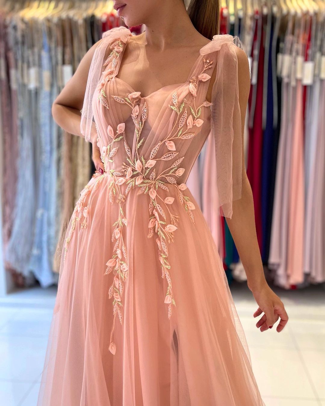 Glamorous Long A-line Sweetheart Straps Tulle Backless Evening Prom Dress With Split-showprettydress
