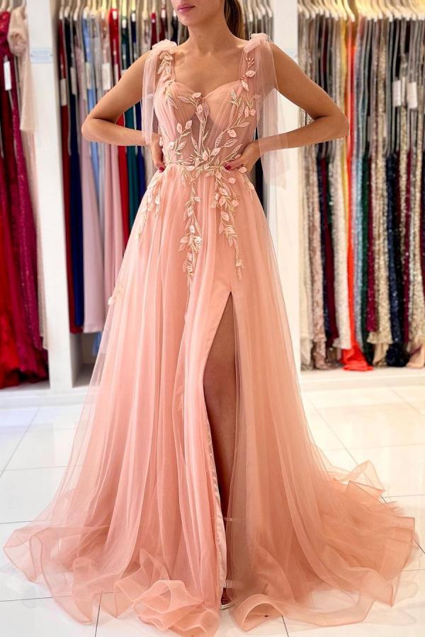 Glamorous Long A-line Sweetheart Straps Tulle Backless Evening Prom Dress With Split-showprettydress