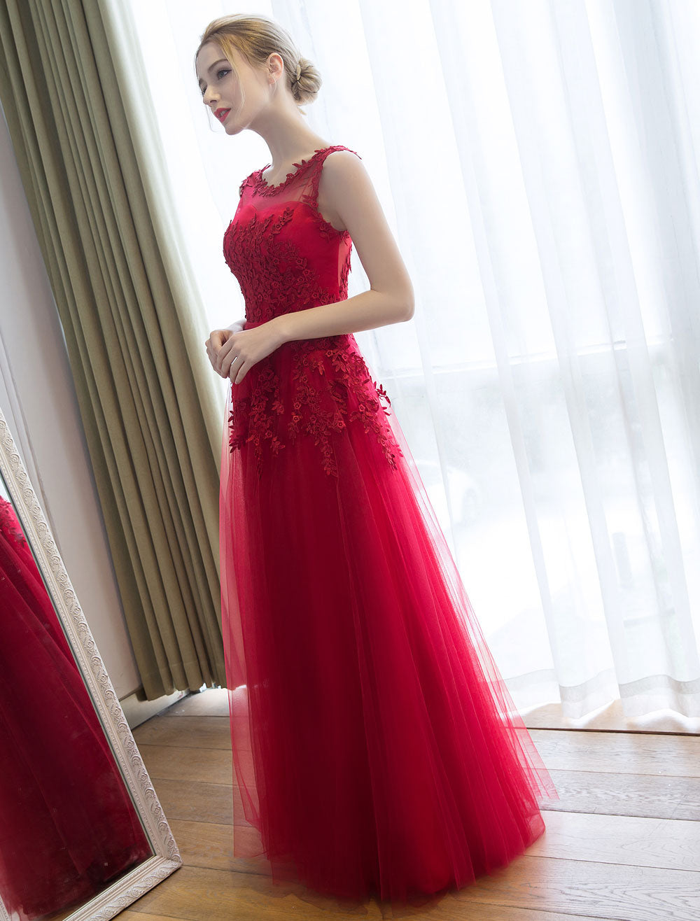 Glamorous Long Evening Dresses Lace Cameo Pink Party Dress A Line Applique Tulle Maxi Formal Dress-showprettydress