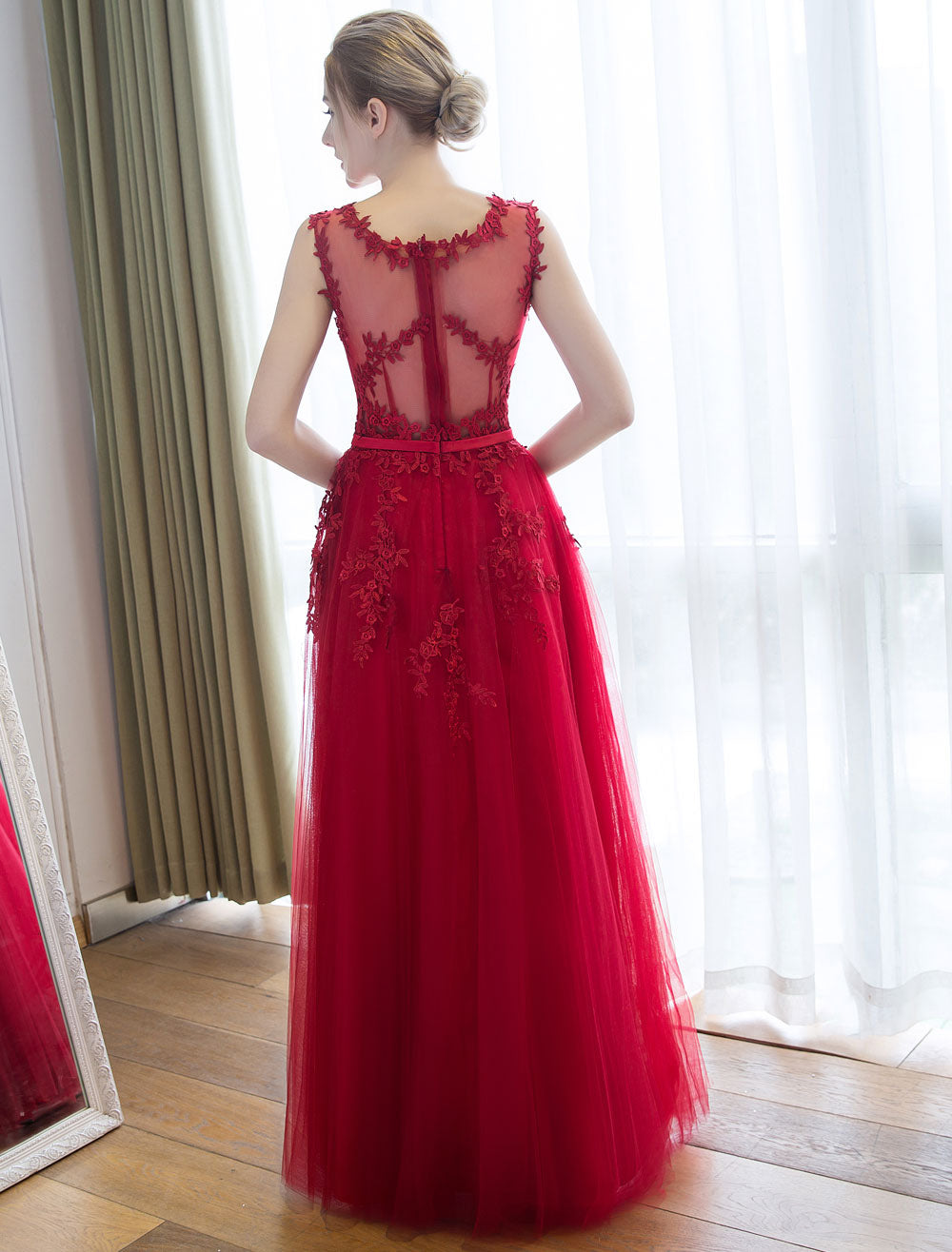 Glamorous Long Evening Dresses Lace Cameo Pink Party Dress A Line Applique Tulle Maxi Formal Dress-showprettydress