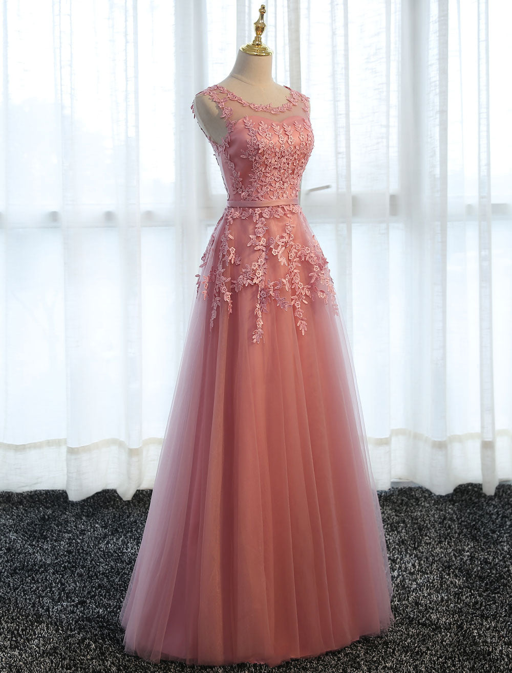 Glamorous Long Evening Dresses Lace Cameo Pink Party Dress A Line Applique Tulle Maxi Formal Dress-showprettydress