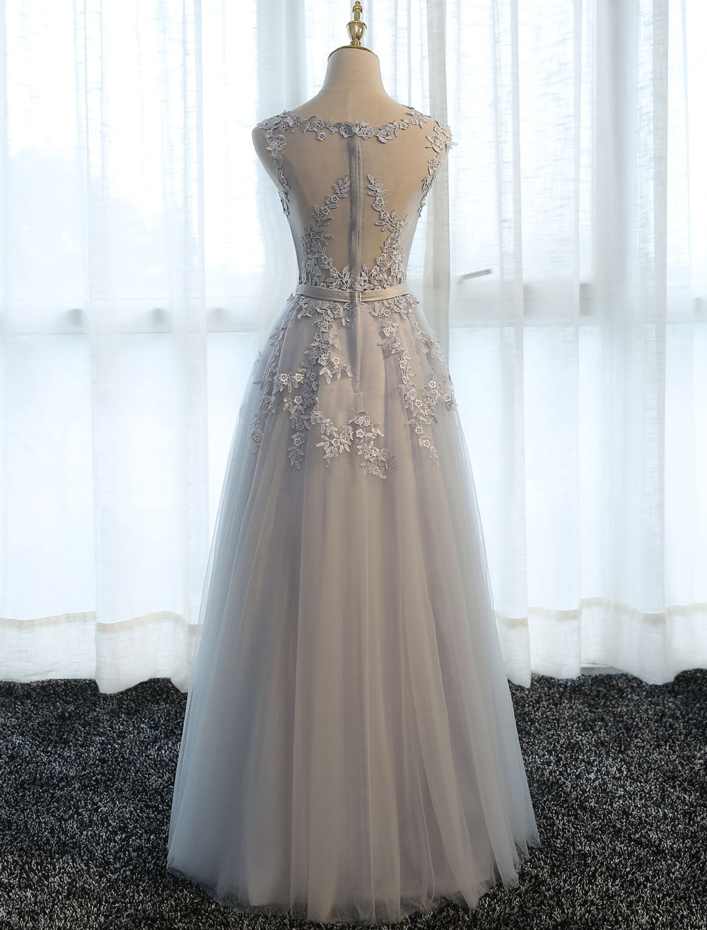 Glamorous Long Evening Dresses Lace Cameo Pink Party Dress A Line Applique Tulle Maxi Formal Dress-showprettydress