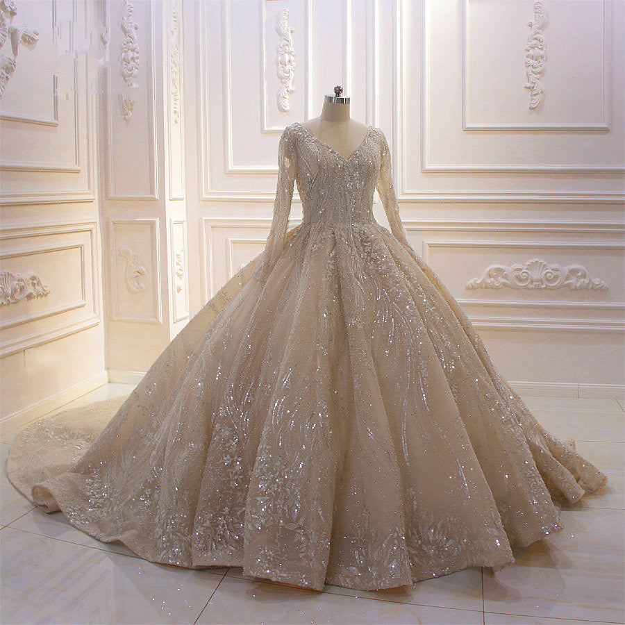 Glamorous Long Sleeve V-neck Sequin Beading Ball Gown Wedding Dress-showprettydress