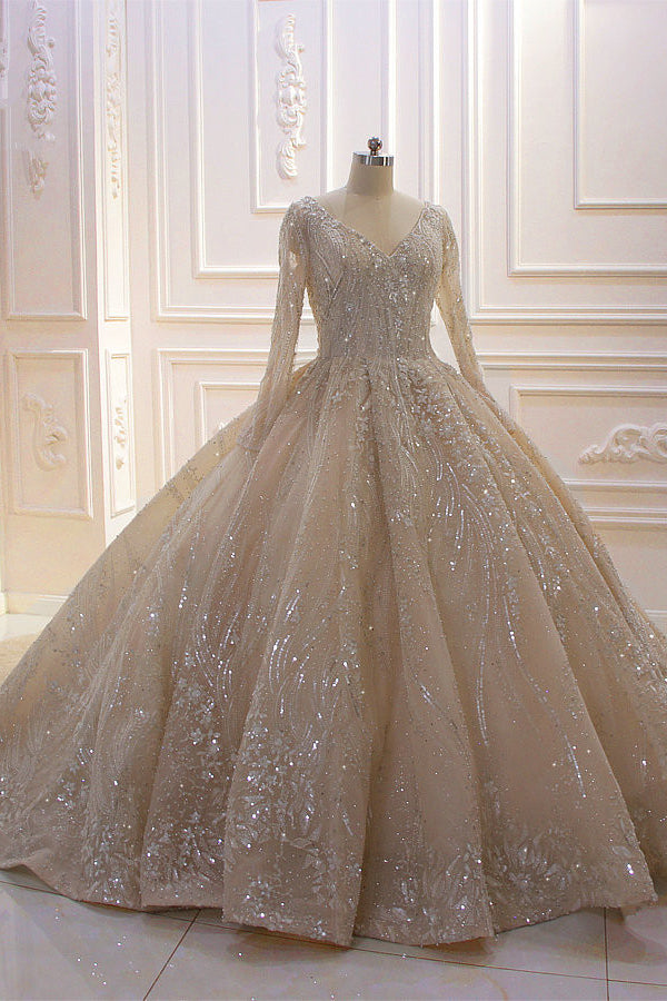 Glamorous Long Sleeve V-neck Sequin Beading Ball Gown Wedding Dress-showprettydress