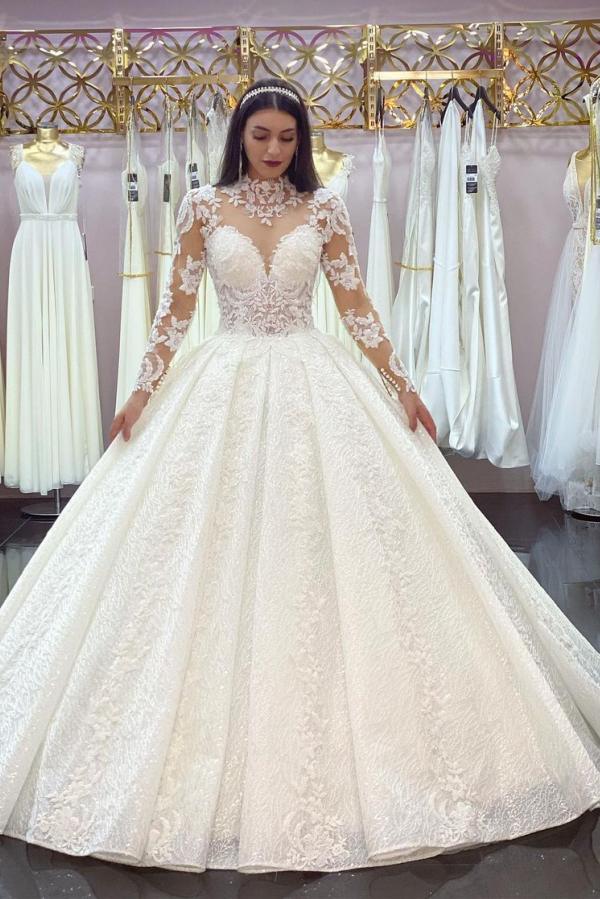 knee length dresses for ladies Glamorous Long Sleeves Lace Princess Wedding Dress Ball Gown High Neck