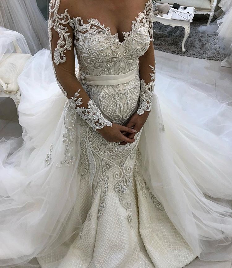Glamorous Long Sleeves Lace Tulle Wedding Dresses New Arrival Ruffless Mermaid Bridal Gowns-showprettydress