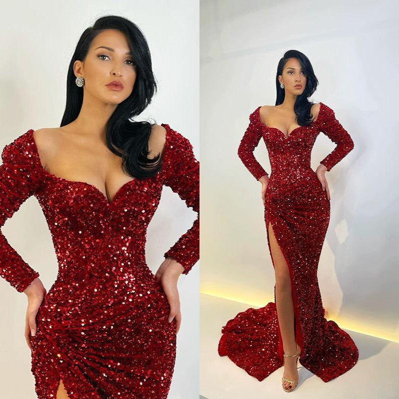 Glamorous Long Sleeves Sequins Evening Gowns Mermaid Prom Dresses with Slit-showprettydress