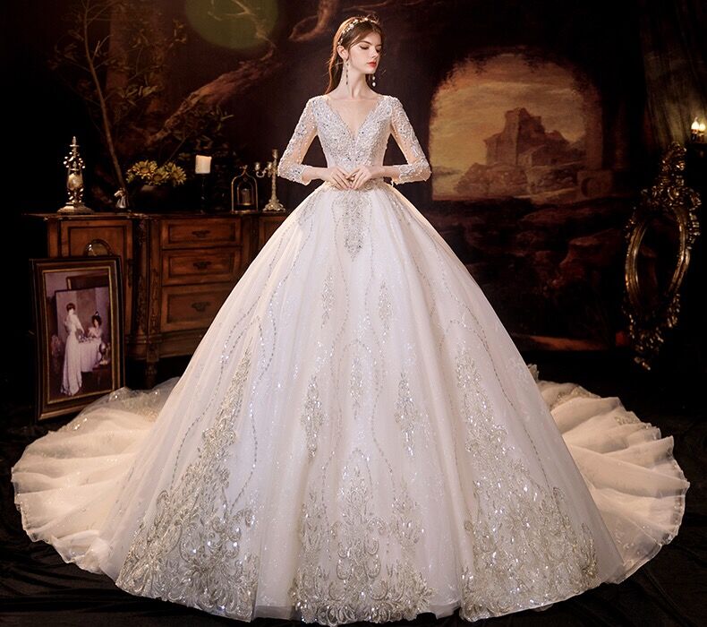 Glamorous Long Sleeves V-Neck Ball Gown Wedding Dress With Sequins Crystals-showprettydress