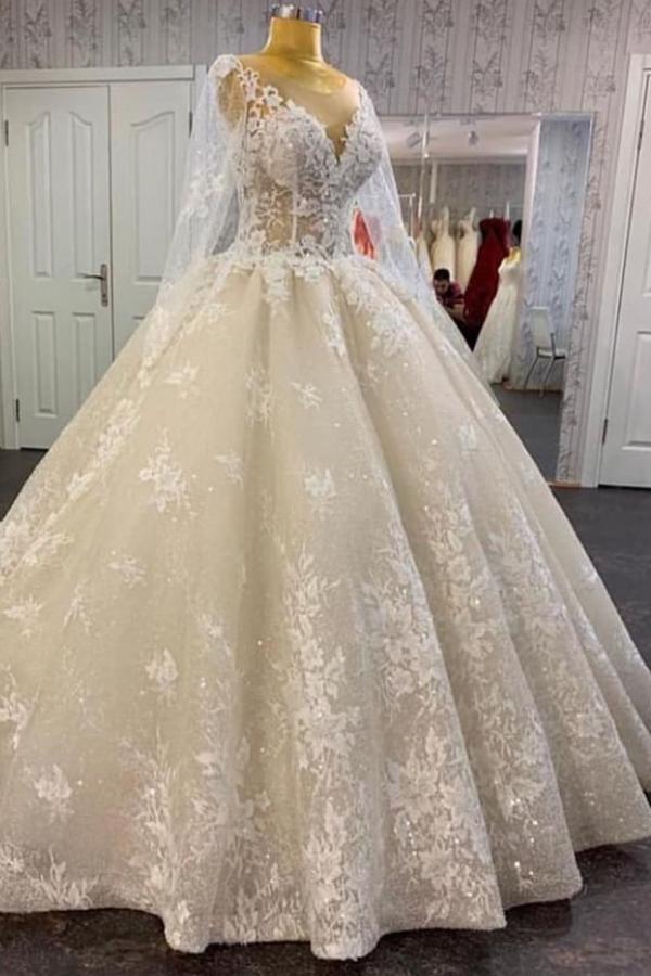 Glamorous Long Sleevess Lace A line Bridal Gown Pirncess Wedding Dress-showprettydress