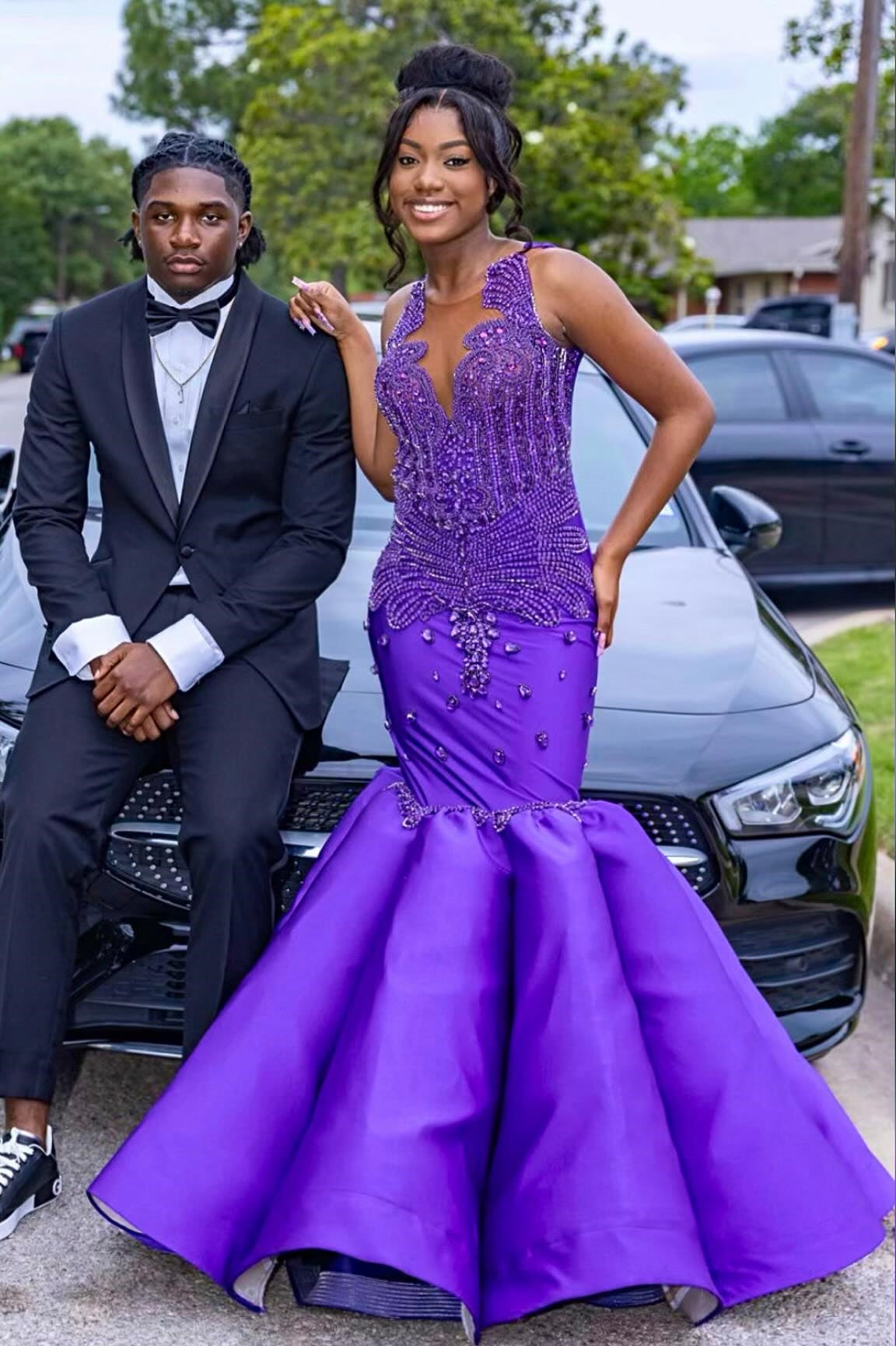 Glamorous Mermaid Purple Sleeveless Crystal Sexy Prom Dress-showprettydress