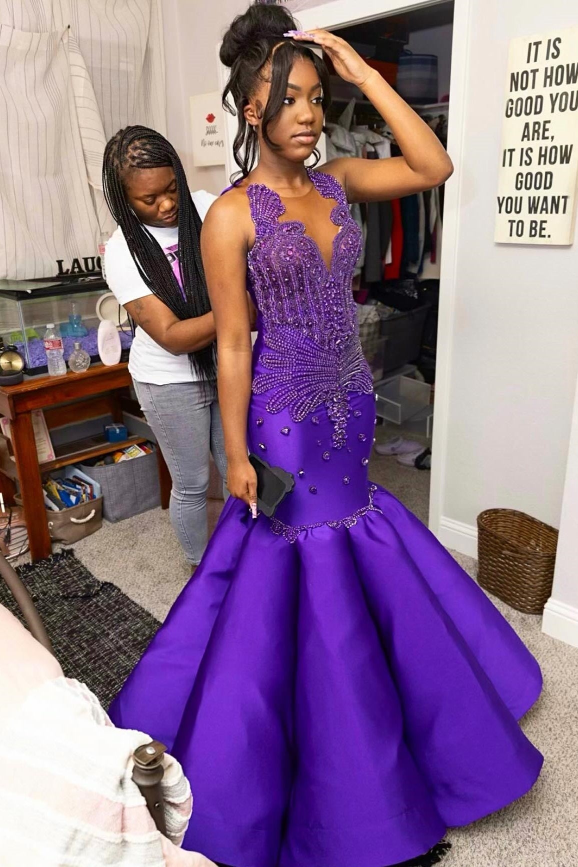 Glamorous Mermaid Purple Sleeveless Crystal Sexy Prom Dress-showprettydress