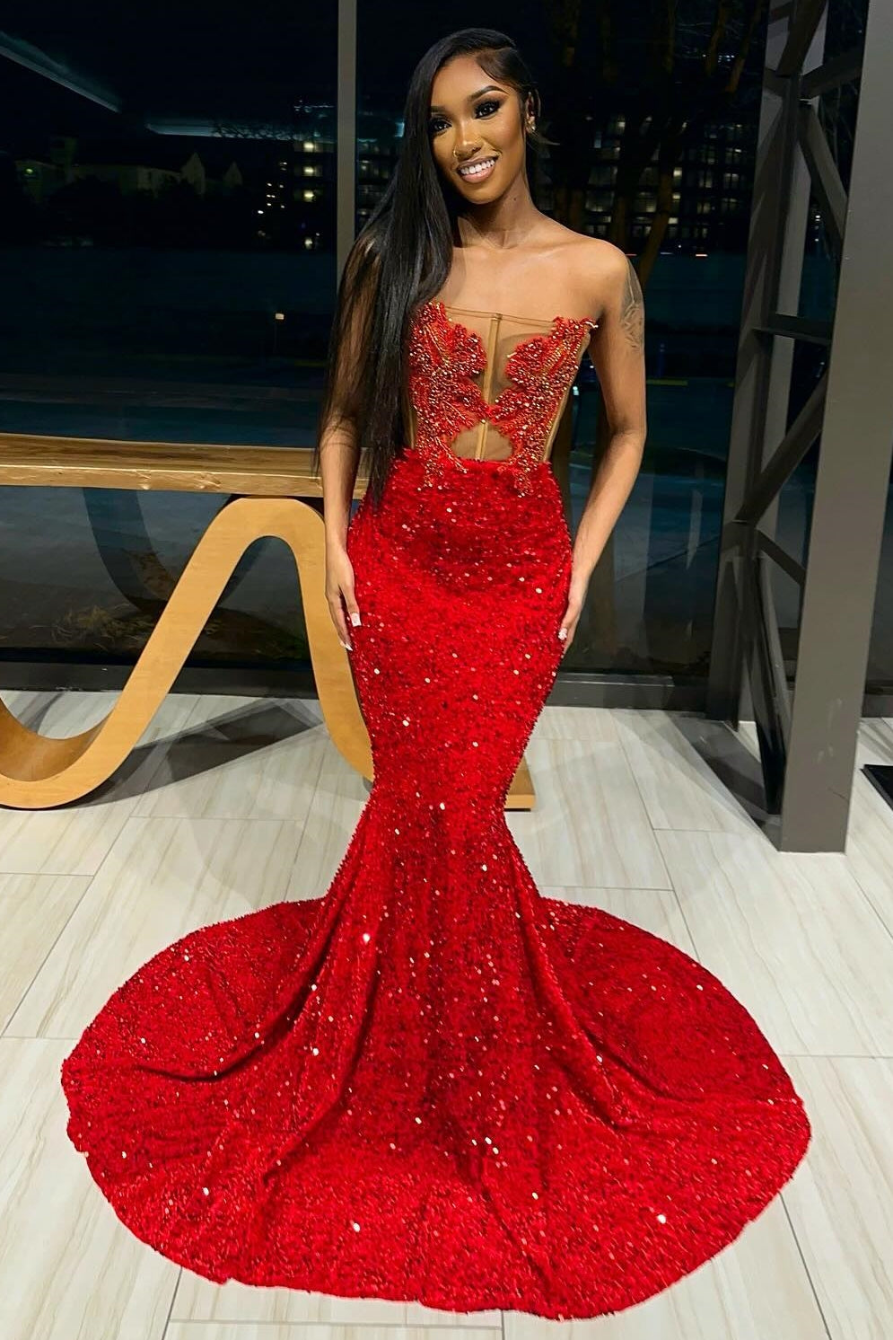 Glamorous Red Mermaid Strapless Sequins Appliques Prom Dress-showprettydress