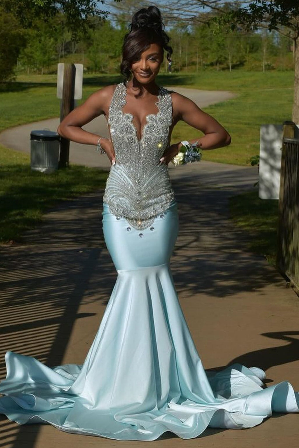 Glamorous Sky Blue Crystal Mermaid Sleeveless V-Neck Prom Dress-showprettydress