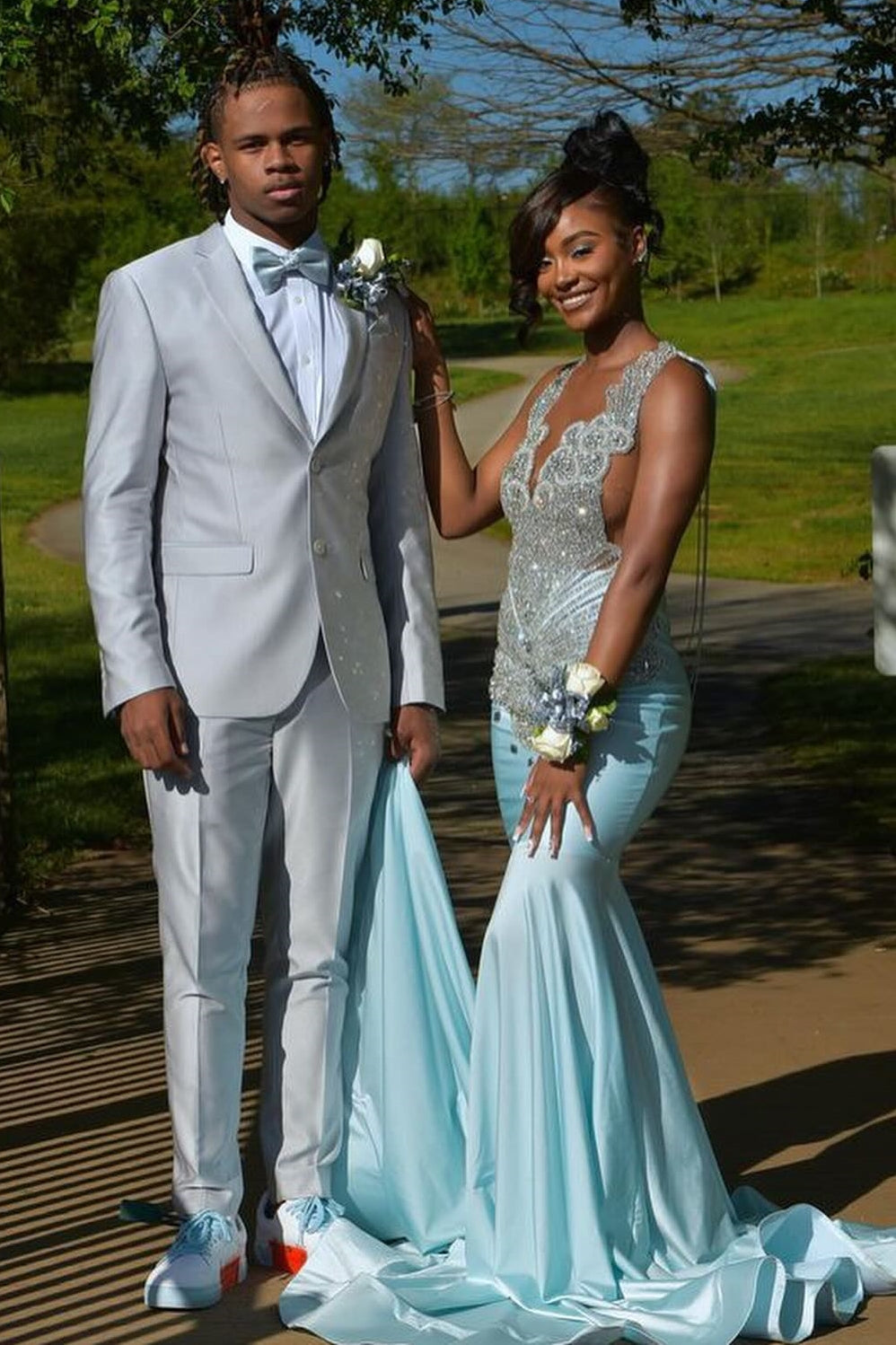 Glamorous Sky Blue Crystal Mermaid Sleeveless V-Neck Prom Dress-showprettydress